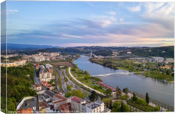 Coimbra drone aerial view of the city park, buildings and bridges at sunset, in Portugal Canvas Print by Luis Pina