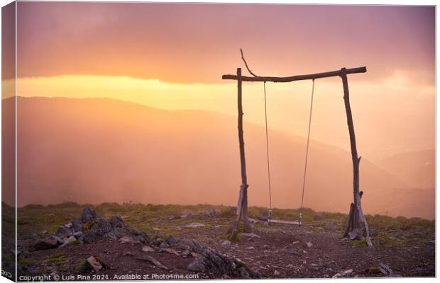 Famous Swing social distancing baloico in Lousa mountain, Portugal at sunset Canvas Print by Luis Pina