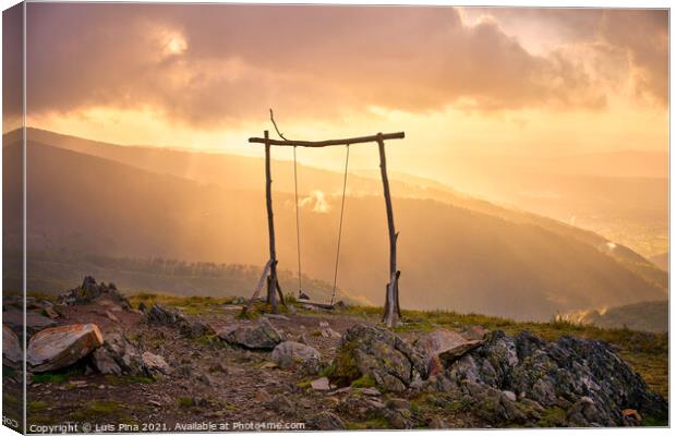Famous Swing social distancing baloico in Lousa mountain, Portugal at sunset Canvas Print by Luis Pina