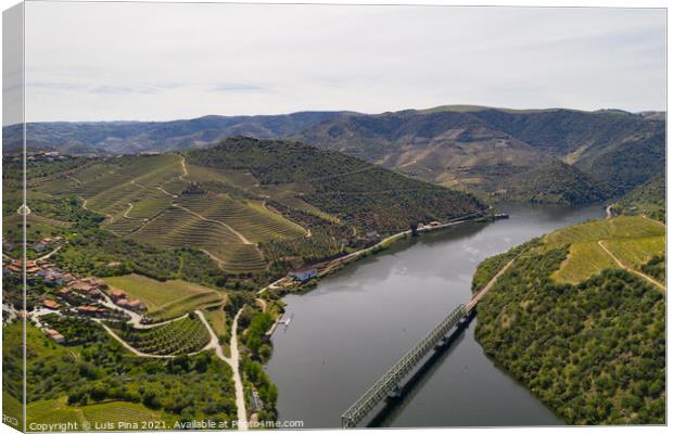 Douro railway bridge drone aerial view of river wine region in Ferradosa, Portugal Canvas Print by Luis Pina