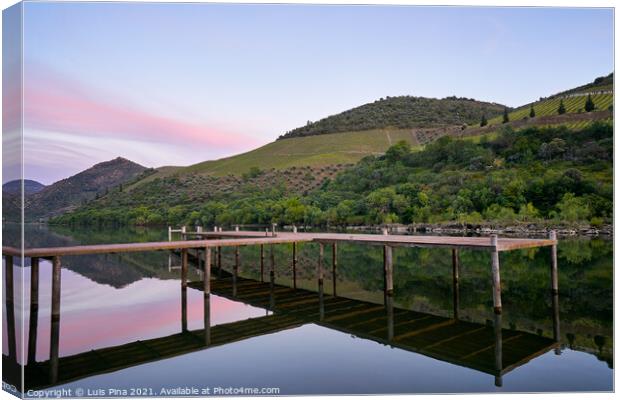 Douro river wine region vineyard landscape at sunset in Foz Tua, Portugal Canvas Print by Luis Pina
