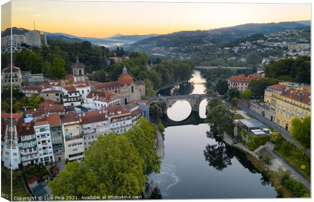 Amarante drone aerial view with beautiful church and bridge in Portugal at sunrise Canvas Print by Luis Pina