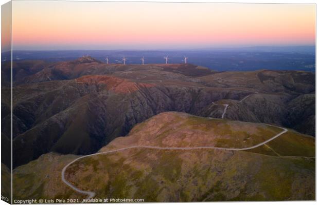 Serra da Freita drone aerial view in Arouca Geopark road with wind turbines at sunset, in Portugal Canvas Print by Luis Pina