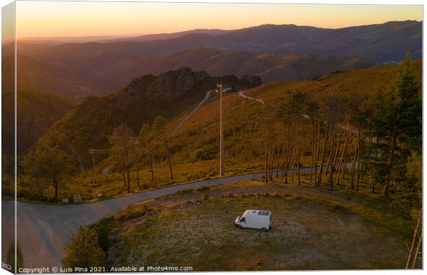 Serra da Freita drone aerial view of a camper van in Arouca Geopark at sunset, in Portugal Canvas Print by Luis Pina