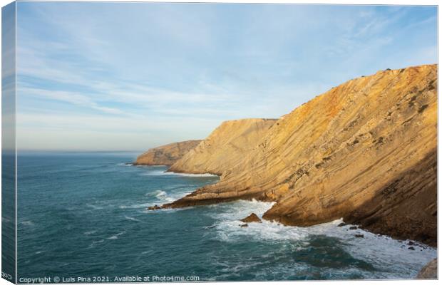 Sea cliffs landscape in Cabo Espichel at sunset, in Portugal Canvas Print by Luis Pina