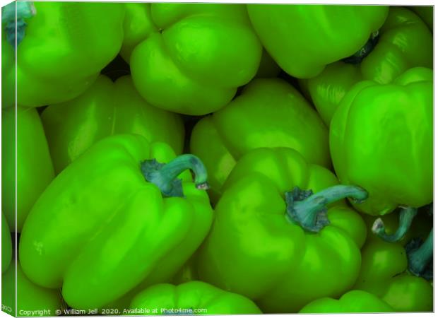 Crate of green bell peppers at Farmers Market Canvas Print by William Jell