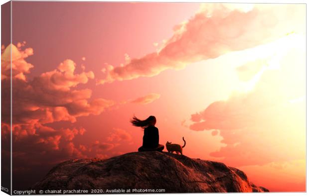 Girl sitting with her cat looking to the sunset sk Canvas Print by chainat prachatree