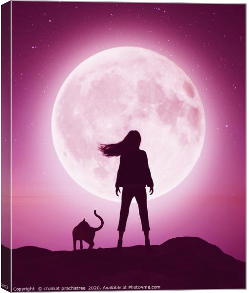 Girl with the cat on the cliff looking to the moon Canvas Print by chainat prachatree