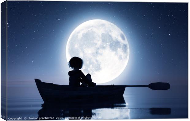 Girl on row boat on the sea under the moonlight,3d Canvas Print by chainat prachatree