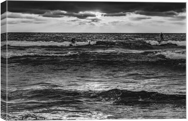 Black White Surfers Sunset La Jolla Shores Beach San Diego Calif Canvas Print by William Perry