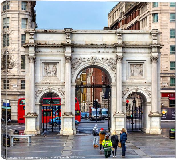 Marble Arch Red Bus Park Lane London England Canvas Print by William Perry