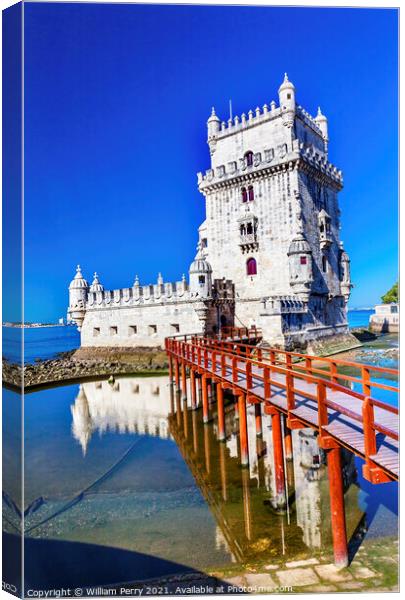 Belem Tower Torre Portuguese Symbol Reflection Lisbon Portugal Canvas Print by William Perry
