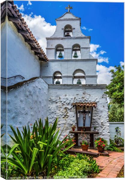 White Adobe Steeple Bells Mission San Diego de Alcala California Canvas Print by William Perry