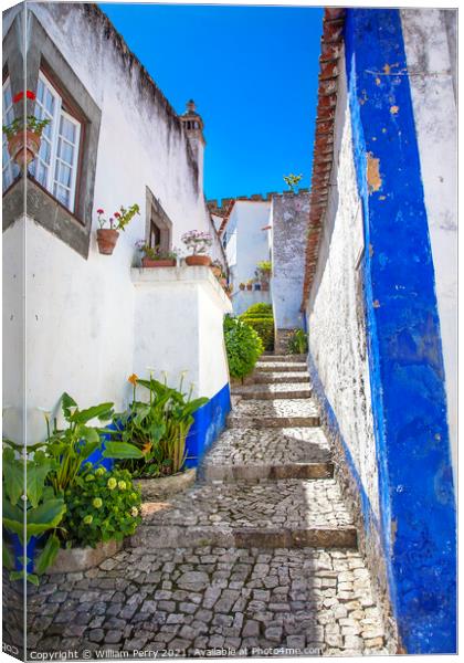 Narrow White Blue Street 11th Century Obidos Portugal Canvas Print by William Perry