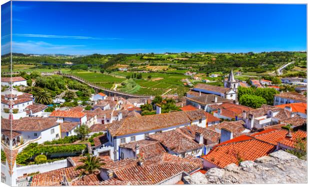 Castle Walls Orange Roofs Farmland Countryside Obidos Portugal Canvas Print by William Perry