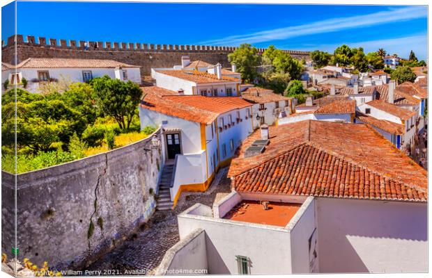 Castle Walls Orange Roofs Narrow Street Obidos Portugal Canvas Print by William Perry