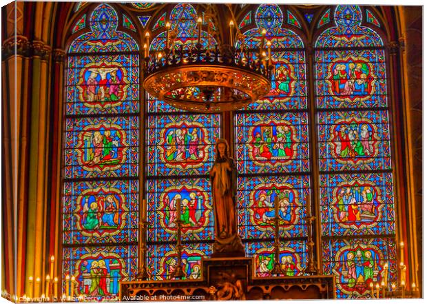 Mary Statue Candles Stained Glass Notre Dame Cathedral Paris Fra Canvas Print by William Perry