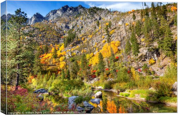 Fall Yellow Red Green Colors Reflection Wenatchee River Valley W Canvas Print by William Perry