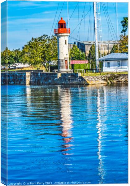 Red White Lighthouse Reflection Entrance Harbor Honfluer France Canvas Print by William Perry