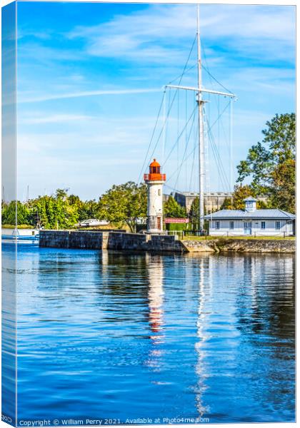 Red White Lighthouse Reflection Entrance Harbor Honfluer France Canvas Print by William Perry