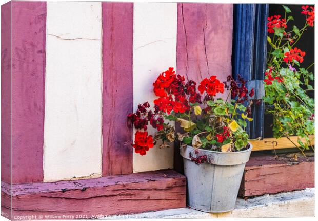 Red Geranium Wiindow Old Town Street Honfluer France Canvas Print by William Perry