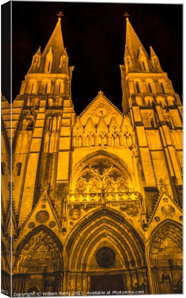 Illuminated Cathedral Facade Night Church Bayeux Normandy France Canvas Print by William Perry