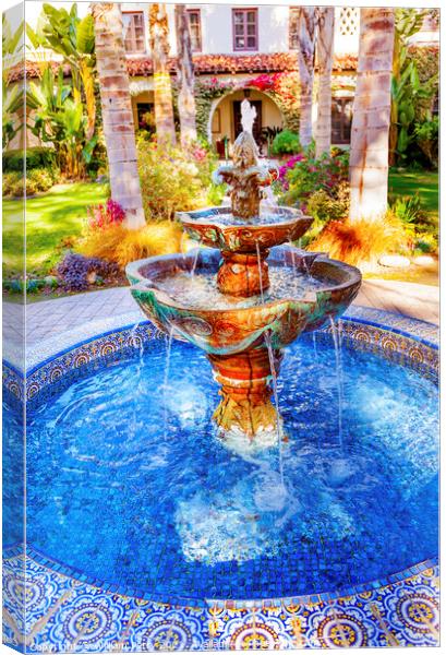 Mexican Tile Fountain Garden Mission San Buenaventura Ventura Ca Canvas Print by William Perry
