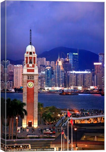 Hong Kong Clock Tower and Harbor at Night from Kowloon Ferry Canvas Print by William Perry