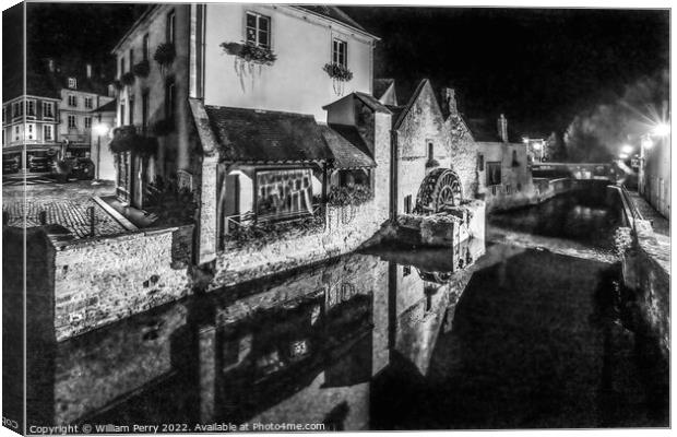 Black White Mill Aure River Night Bayeux Center Normandy France Canvas Print by William Perry