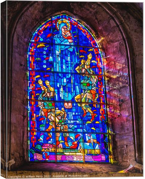 Mary Paratrooper Stained Glass St Marie Eglise Normandy France Canvas Print by William Perry