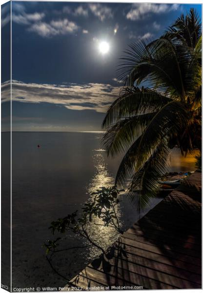 Moon Stars Night Reflection Blue Water Moorea Tahiti Canvas Print by William Perry