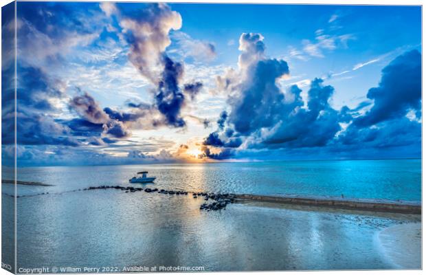 Colorful Sunset Cloudscape Boat Breakwater Blue Water Moorea Tah Canvas Print by William Perry