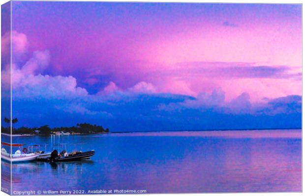 Colorful Pink Sunset Boat Water Reflection Moorea Tahiti Canvas Print by William Perry