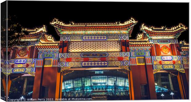 Chinese Gate Renmin Square Chongqing Sichuan China Night Lights Canvas Print by William Perry
