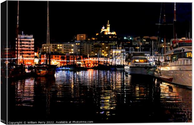 Yachts Boats Waterfront Night Reflection Church Marseille France Canvas Print by William Perry