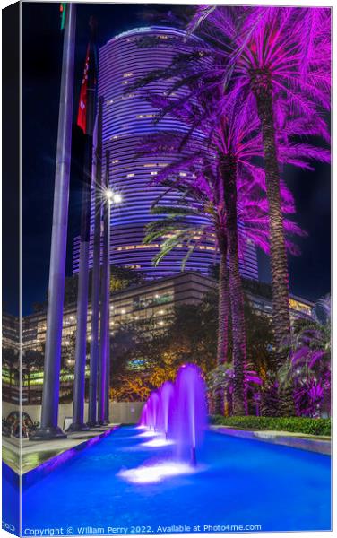 Blue Fountain Night Purple Buildings High Rises Miami Florida Canvas Print by William Perry