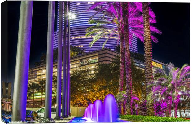 Blue Fountain Night Purple Buildings High Rises  Downtown Miami  Canvas Print by William Perry
