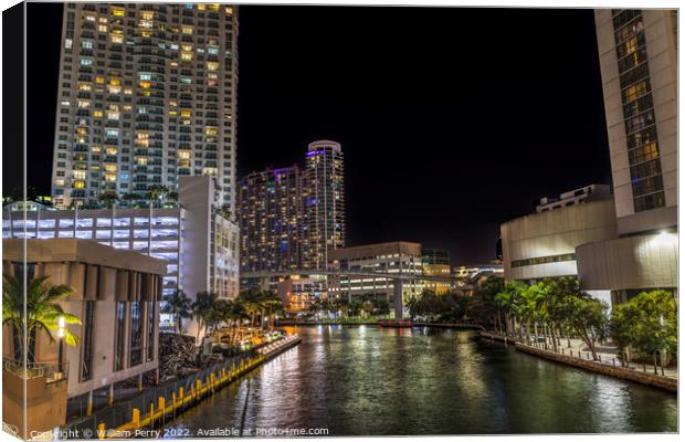 Miami River Night Water Reflections Apartment Buildings Downtown Canvas Print by William Perry