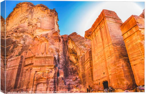 Yellow Rock Tombs Morning Street of Facades Petra Jordan  Canvas Print by William Perry