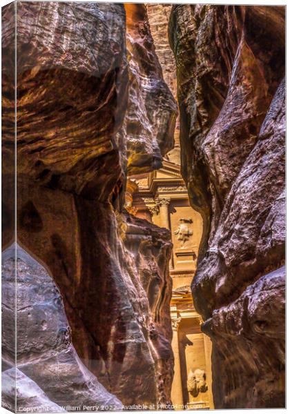 Outer Siq Rose Red Treasury Entrance Petra Jordan  Canvas Print by William Perry