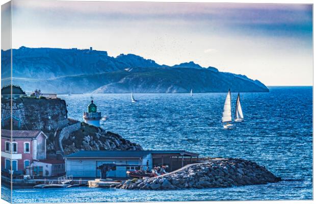 Harbor Lighthouse Sailboats Buildings Marseille France Canvas Print by William Perry