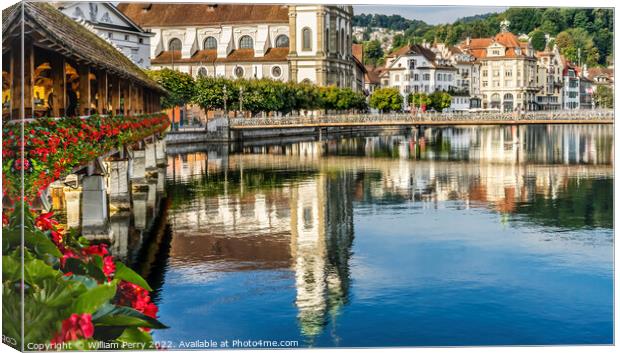 Chapel Wooden Bridge Jesuit Church Reflection Lucerne Switzerland Canvas Print by William Perry