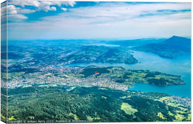Red Parasail Inner Harbor Mount Pilatus Lake Lucerne Switzerland Canvas Print by William Perry