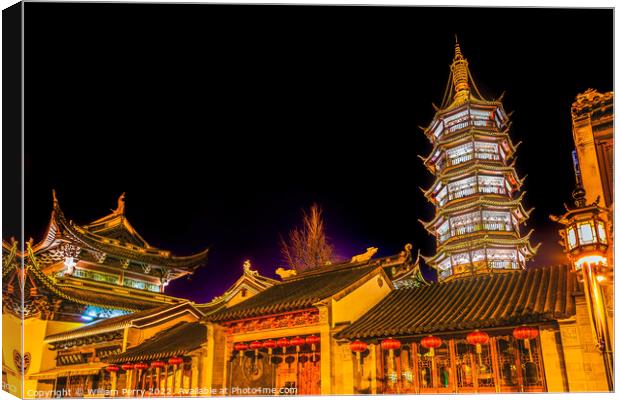 Buddhist Nanchang Temple Pagoda Night Illuminated Wuxi Jiangsu C Canvas Print by William Perry