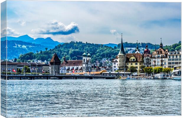 Inner Harbor Buildings Lake Mountains Lucerne Switzerland Canvas Print by William Perry