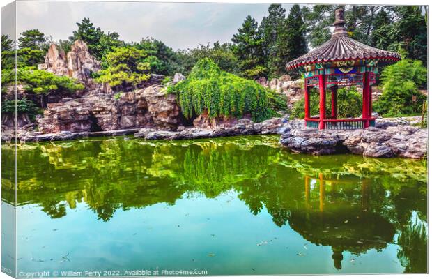 Red Pavilion Garden Pond Temple of Sun Beijing China Canvas Print by William Perry