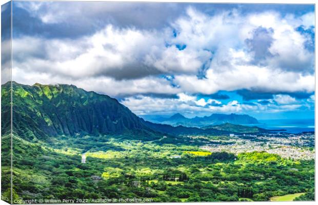 Kaneohe City Nuuanu Pali Outlook Green Mountains Oahu Hawaii Canvas Print by William Perry