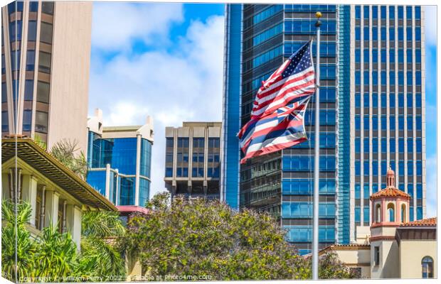 Flags King Kalakaua Building Honolulu Oahu Hawaii Canvas Print by William Perry