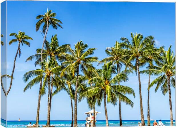 Colorful Lifeguard Station Palm Trees Waikiki Beach Honolulu Haw Canvas Print by William Perry