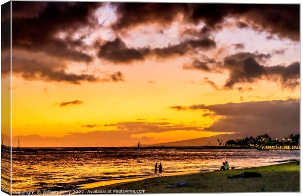 Colorful Sunset Evening Swimmers Sailboats Waikiki Beach Honolul Canvas Print by William Perry